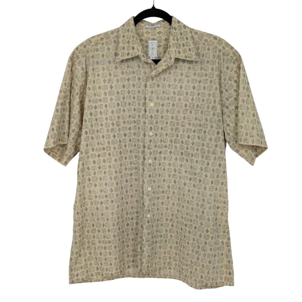 Vintage Geometric Print Short Sleeve Button Up Shirt Retro Casual Coastal Size M